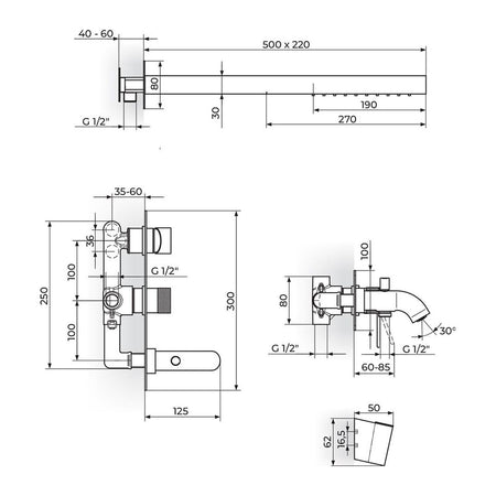 Rosan S2 baterija za tuš kadu 231709 – tehnički crtež
