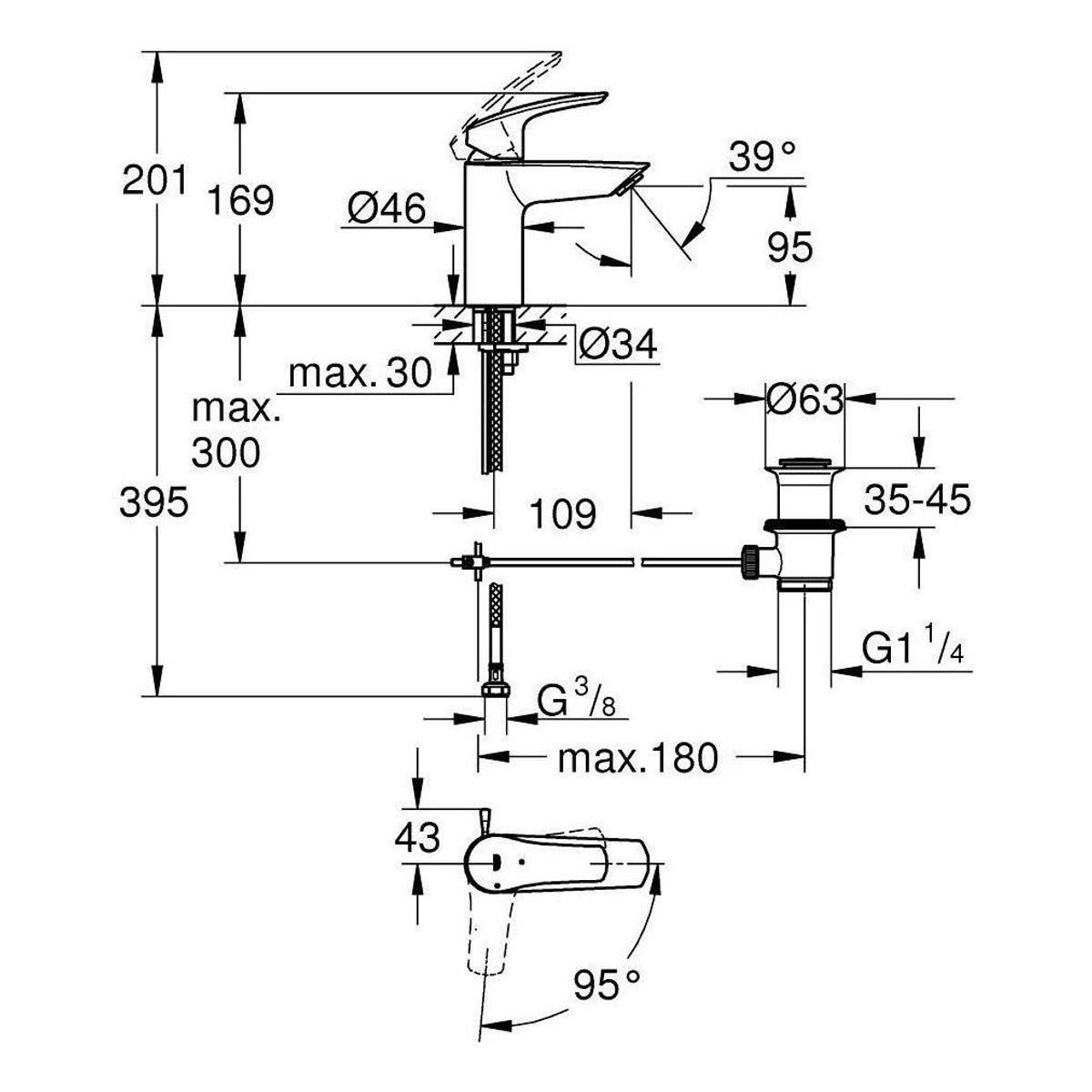 Grohe Eurosmart NEW COLD START za lavabo 32926003 – tehnički crtež
