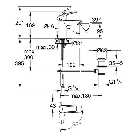 Grohe Eurosmart NEW COLD START za lavabo 32926003 – tehnički crtež