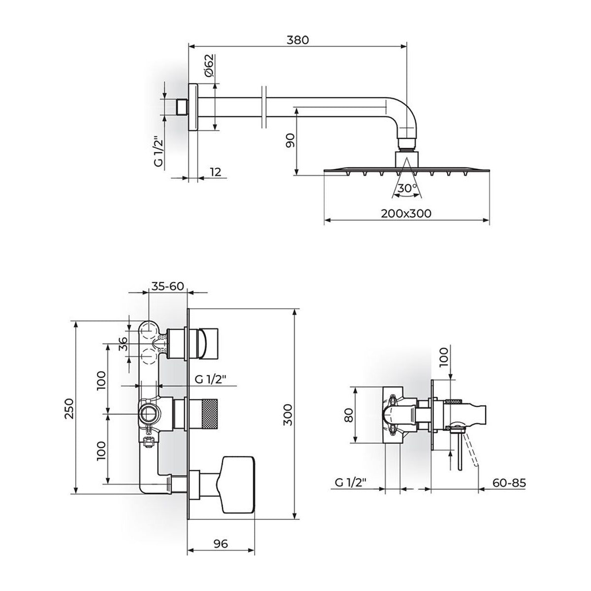 Rosan S2 baterija za tuš kadu 231605 – tehnički crtež
