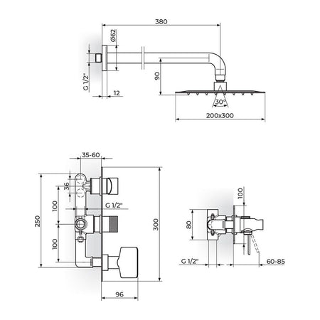 Rosan S2 baterija za tuš kadu 231605 – tehnički crtež