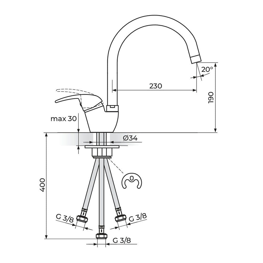 Rosan King baterija za sudoperu – protočni bojler izliv 230mm J382203 – tehnički crtež