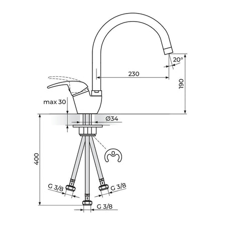 Rosan King baterija za sudoperu – protočni bojler izliv 230mm J382203 – tehnički crtež