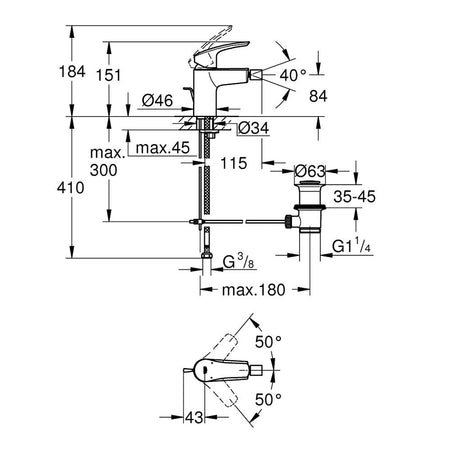 Grohe Eurosmart baterija za bide S – Size 32929003 – tehnički crtež