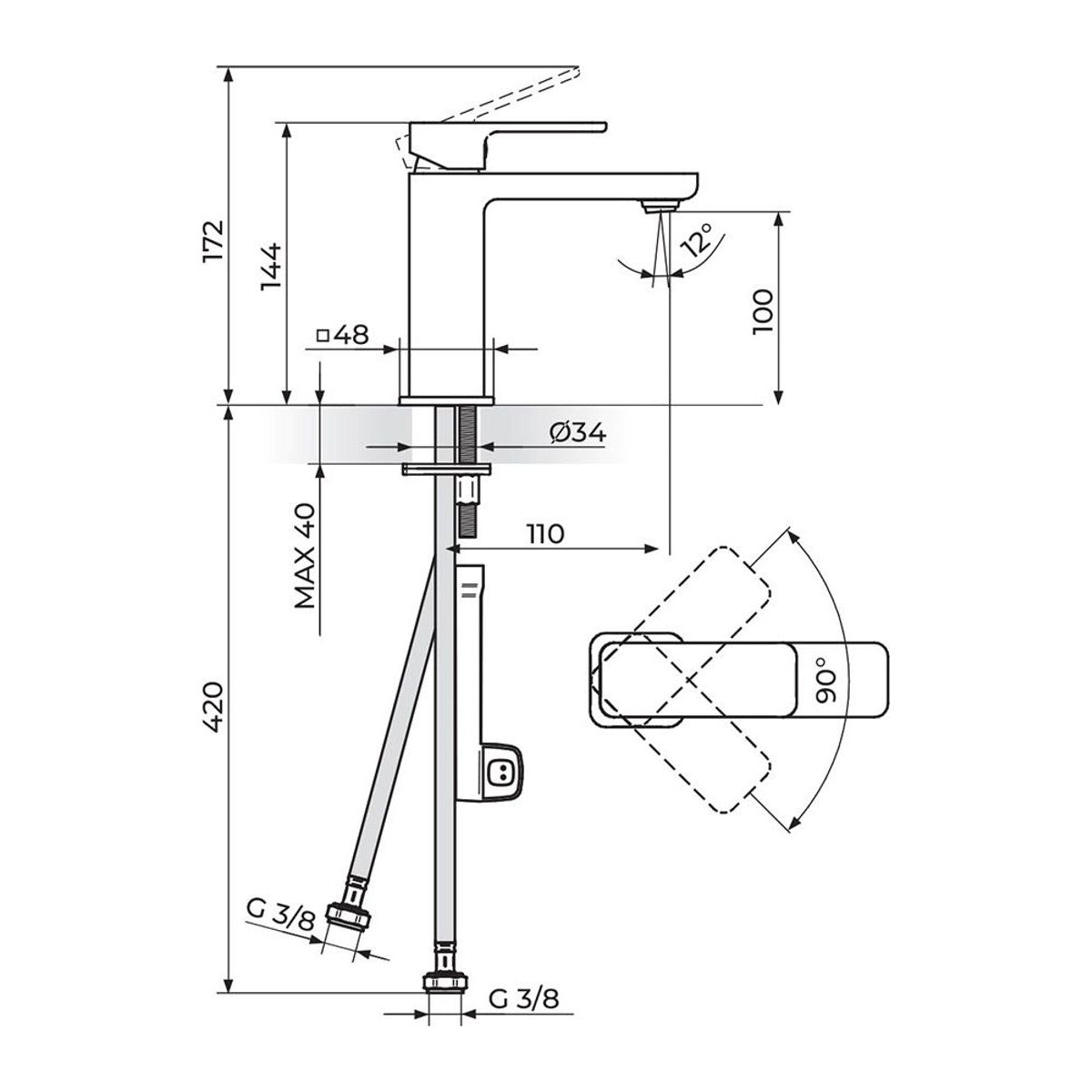 Rosan S2 baterija za lavabo 230201 – tehnički crtež