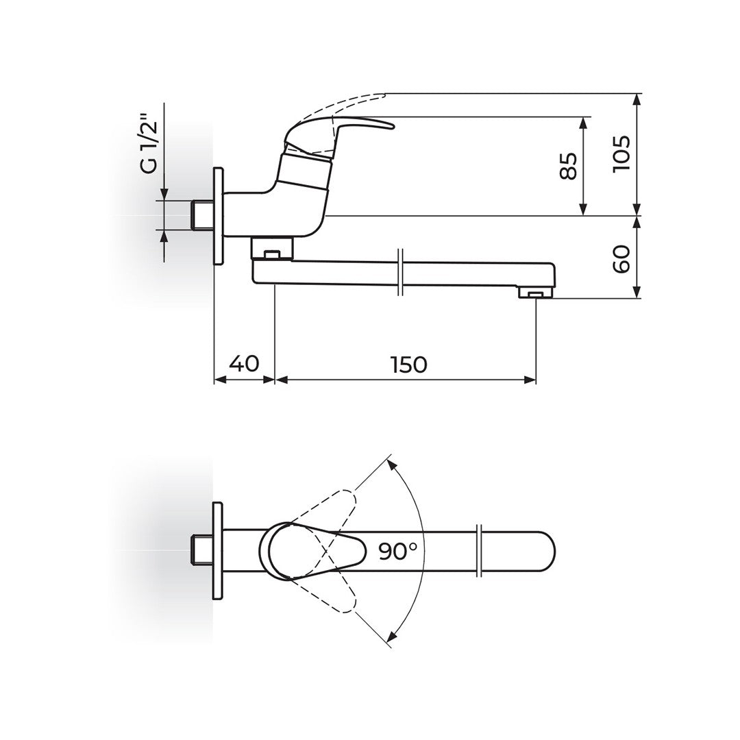 Rosan Perla jednoručna baterija za hladnu vodu izliv 150mm JP522015 – tehnički crtež