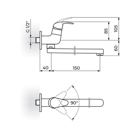 Rosan Perla jednoručna baterija za hladnu vodu izliv 150mm JP522015 – tehnički crtež