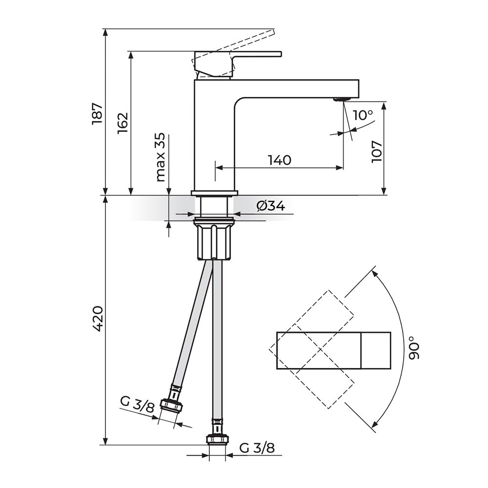 Rosan Quadro White baterija za lavabo – M JQ30201W – tehnički crtež