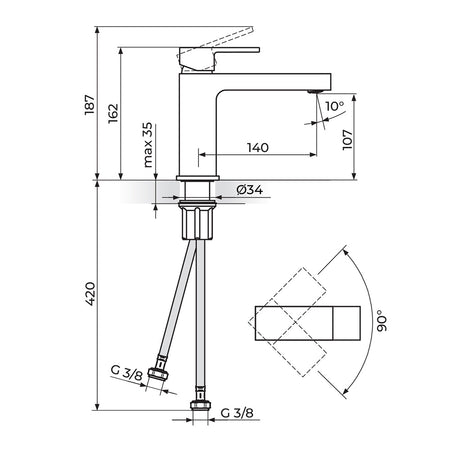 Rosan Quadro White baterija za lavabo – M JQ30201W – tehnički crtež