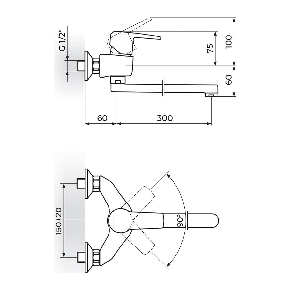 Rosan Cubo3 baterija za sudoperu – lavabo izliv 300mm JC32130 – tehnički crtež