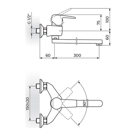 Rosan Cubo3 baterija za sudoperu – lavabo izliv 300mm JC32130 – tehnički crtež