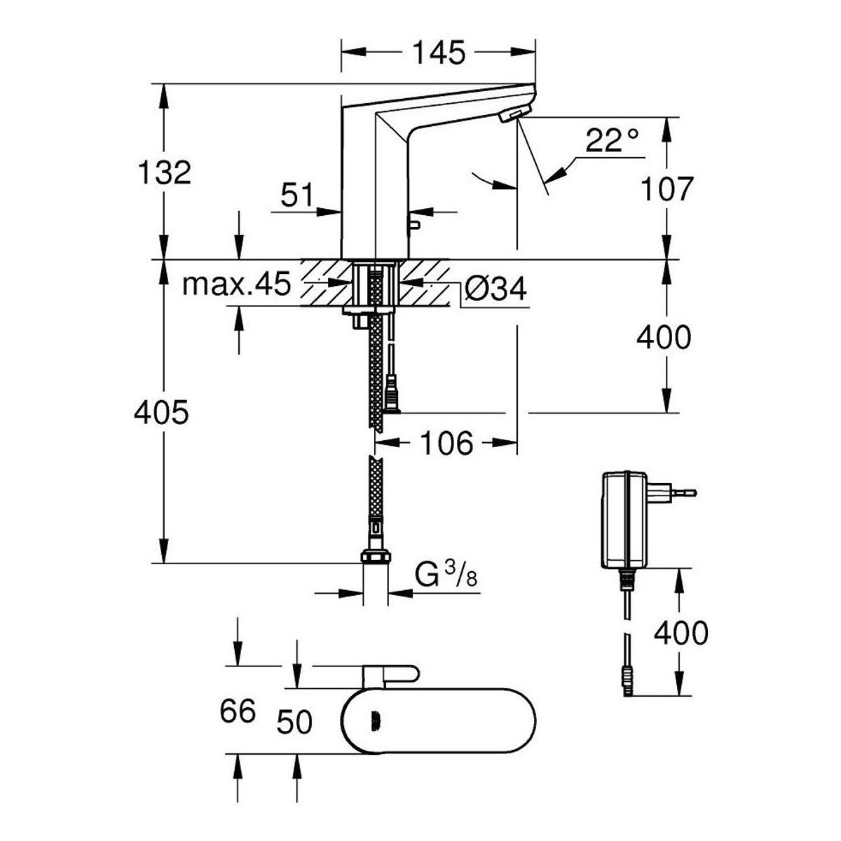 Grohe Eurosmart COSMO E senzorska za Umivaonik – tehnički crtež