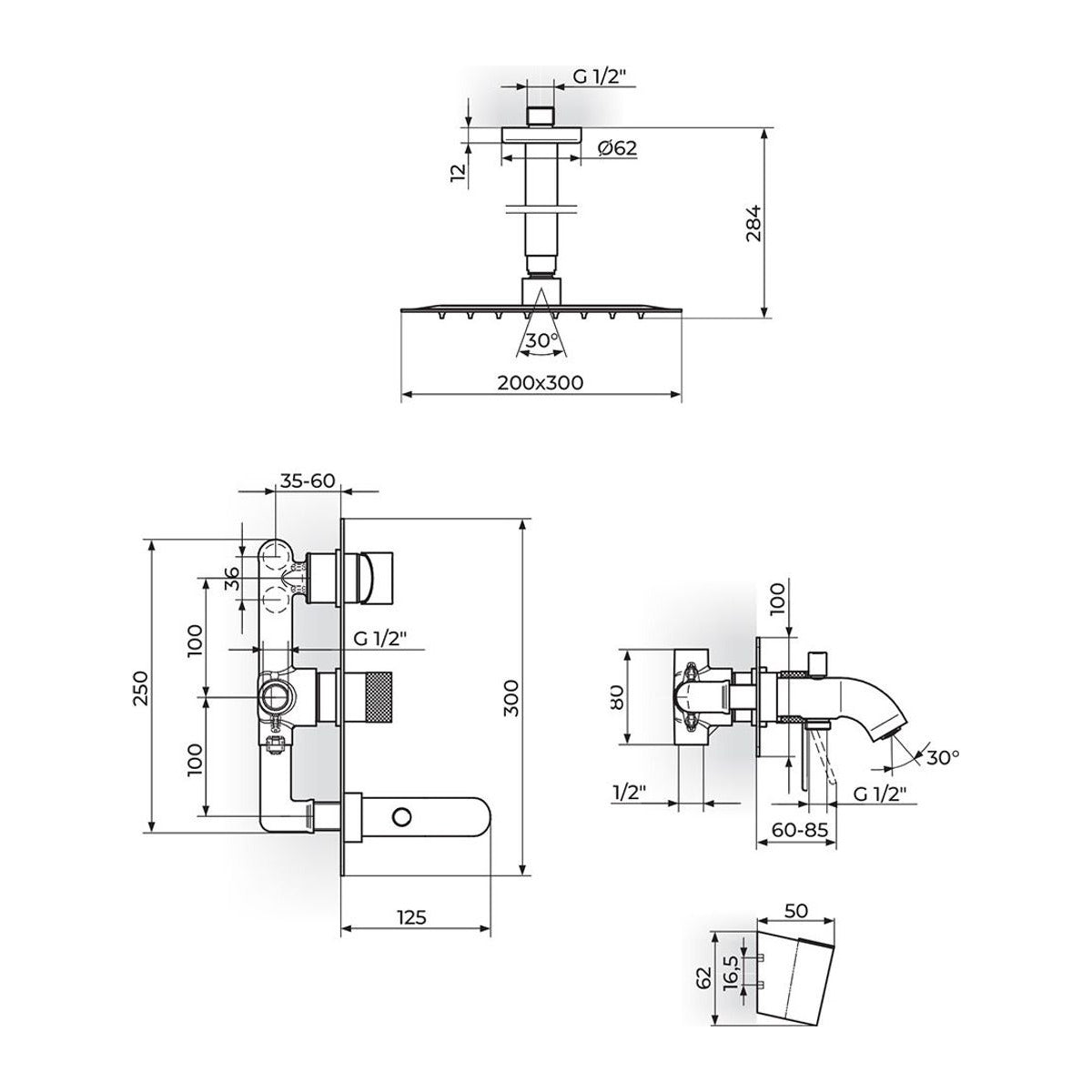 Rosan S2 baterija za tuš kadu 231707 – tehnički crtež