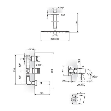 Rosan S2 baterija za tuš kadu 231707 – tehnički crtež