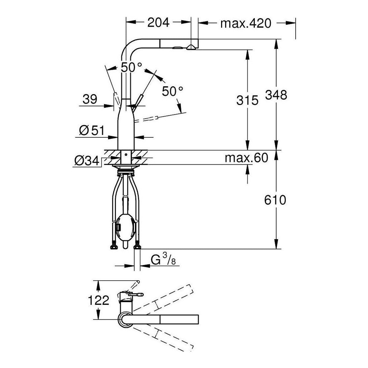 Grohe Essence baterija za sudoperu 30504KF0 – tehnički crtež