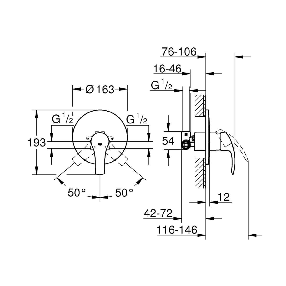 Grohe Eurosmart mešač 33556002 – tehnički crtež