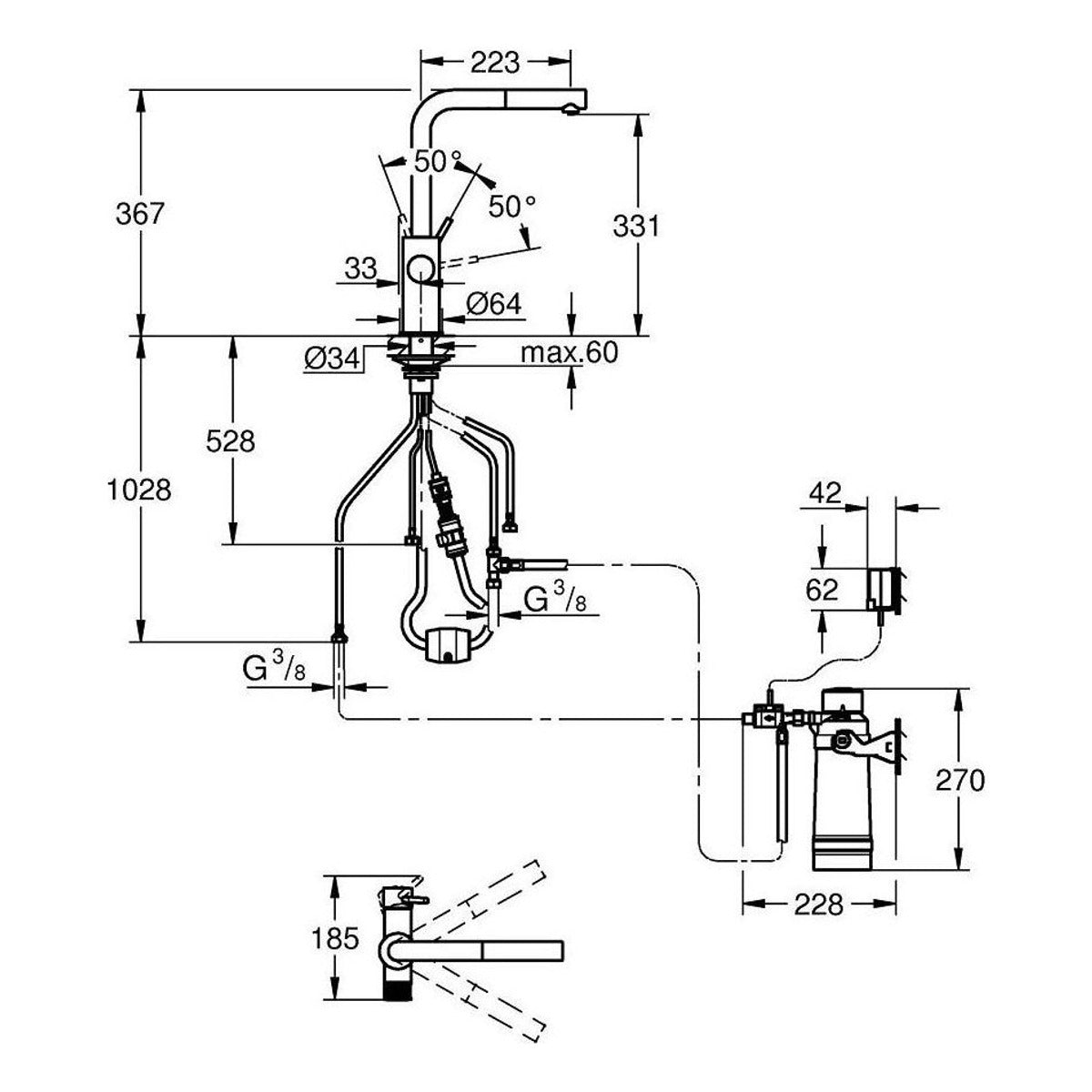 Grohe BLUE PURE MINTA za sudoperu sa FILTEROM 600L 30591000 – tehnički crtež