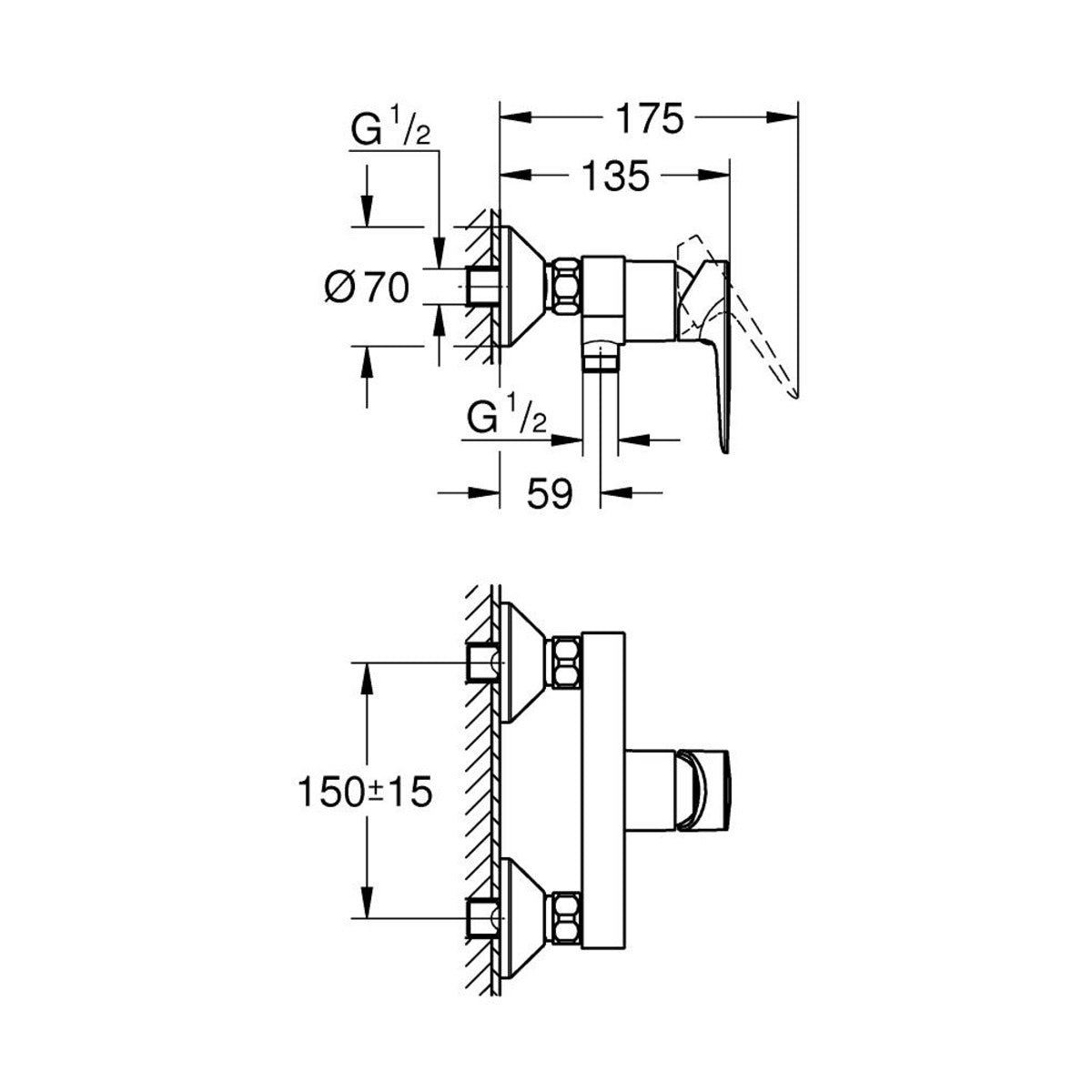Grohe Bauedge baterija za tuš kadu 23635001 – tehnički crtež
