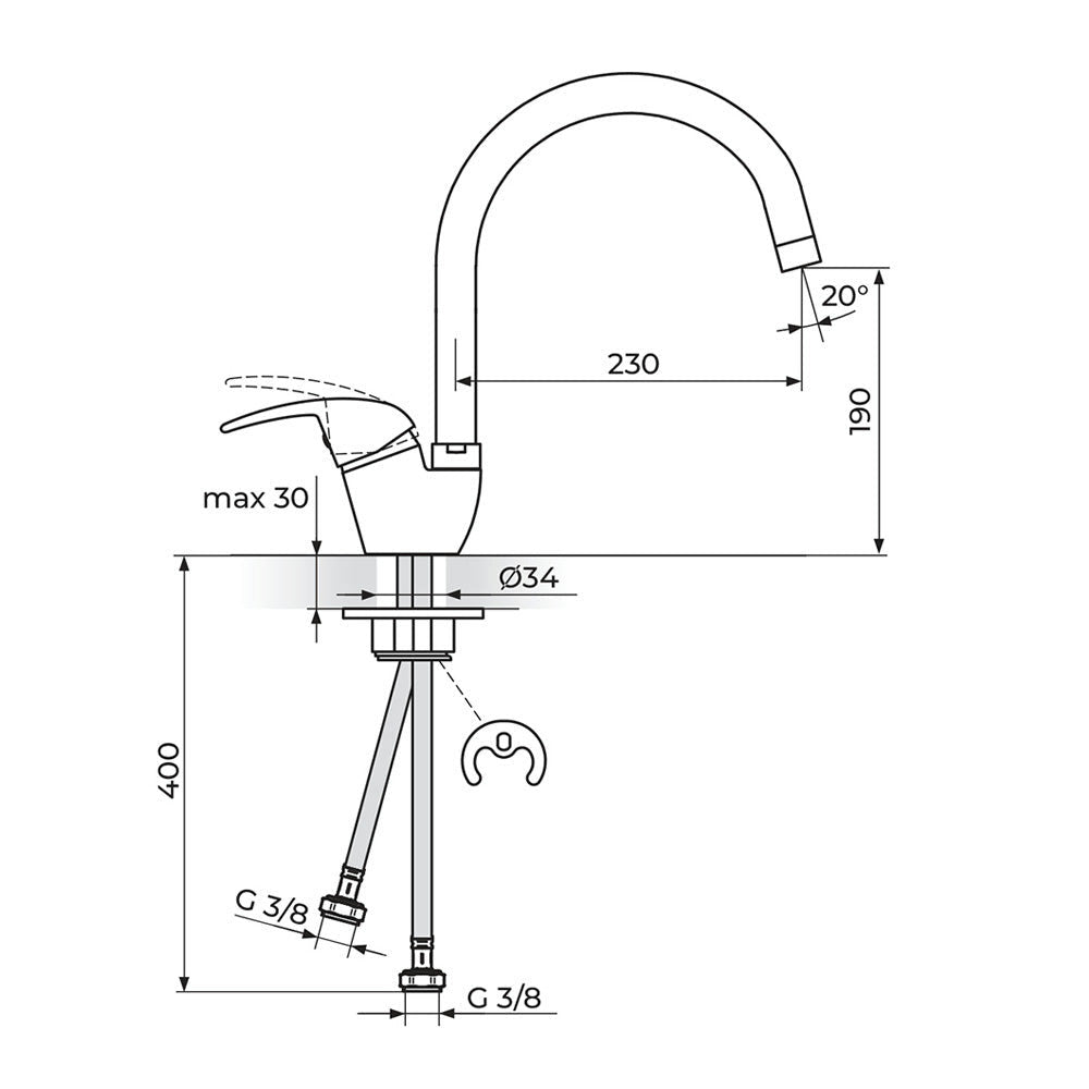 Rosan King baterija za sudoperu izliv 230mm J382201 – tehnički crtež