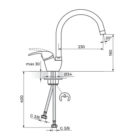 Rosan King baterija za sudoperu izliv 230mm J382201 – tehnički crtež