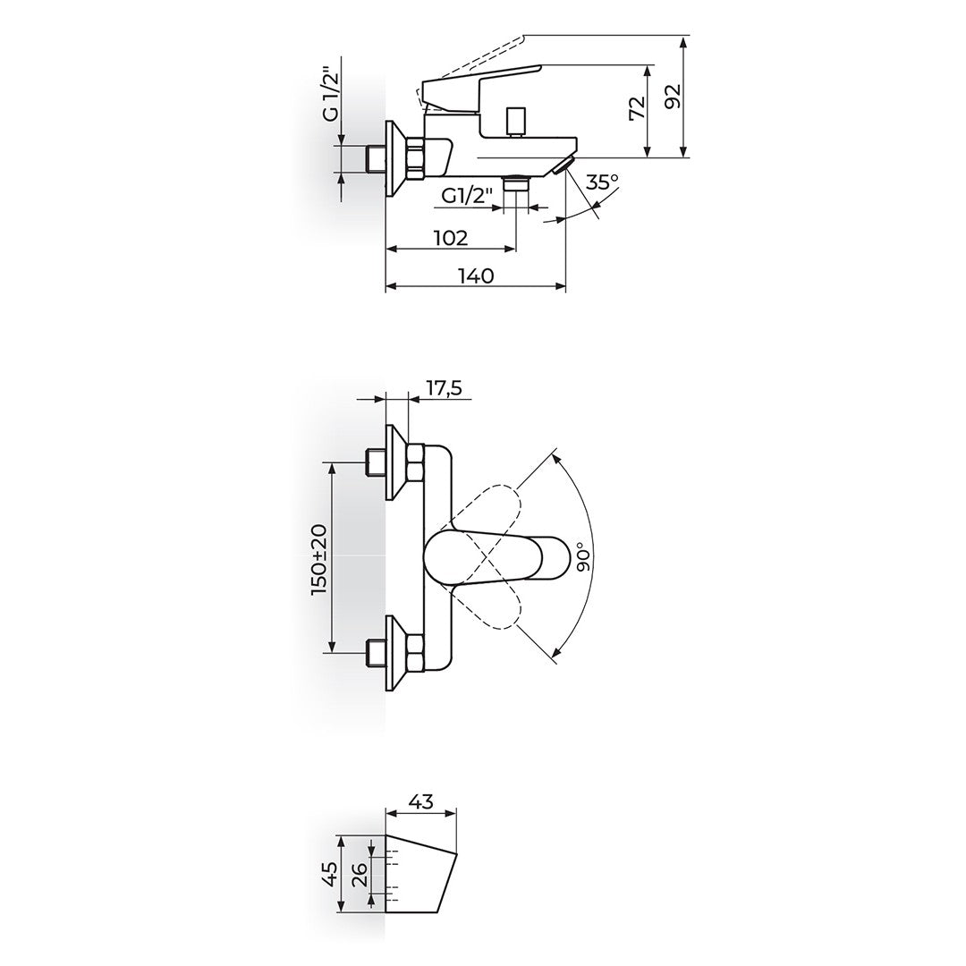 Rosan Smart baterija za kadu JA331001 – tehnički crtež