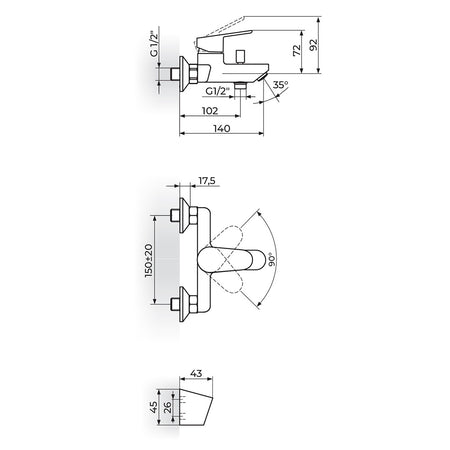Rosan Smart baterija za kadu JA331001 – tehnički crtež