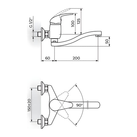 Rosan King baterija za sudoperu – lavabo izliv 200mm – S J321S20 – tehnički crtež