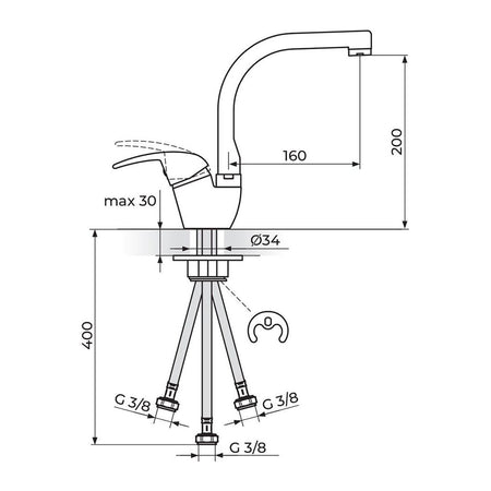 Rosan King baterija za sudoperu – protočni bojler izliv 180mm J382003 – tehnički crtež