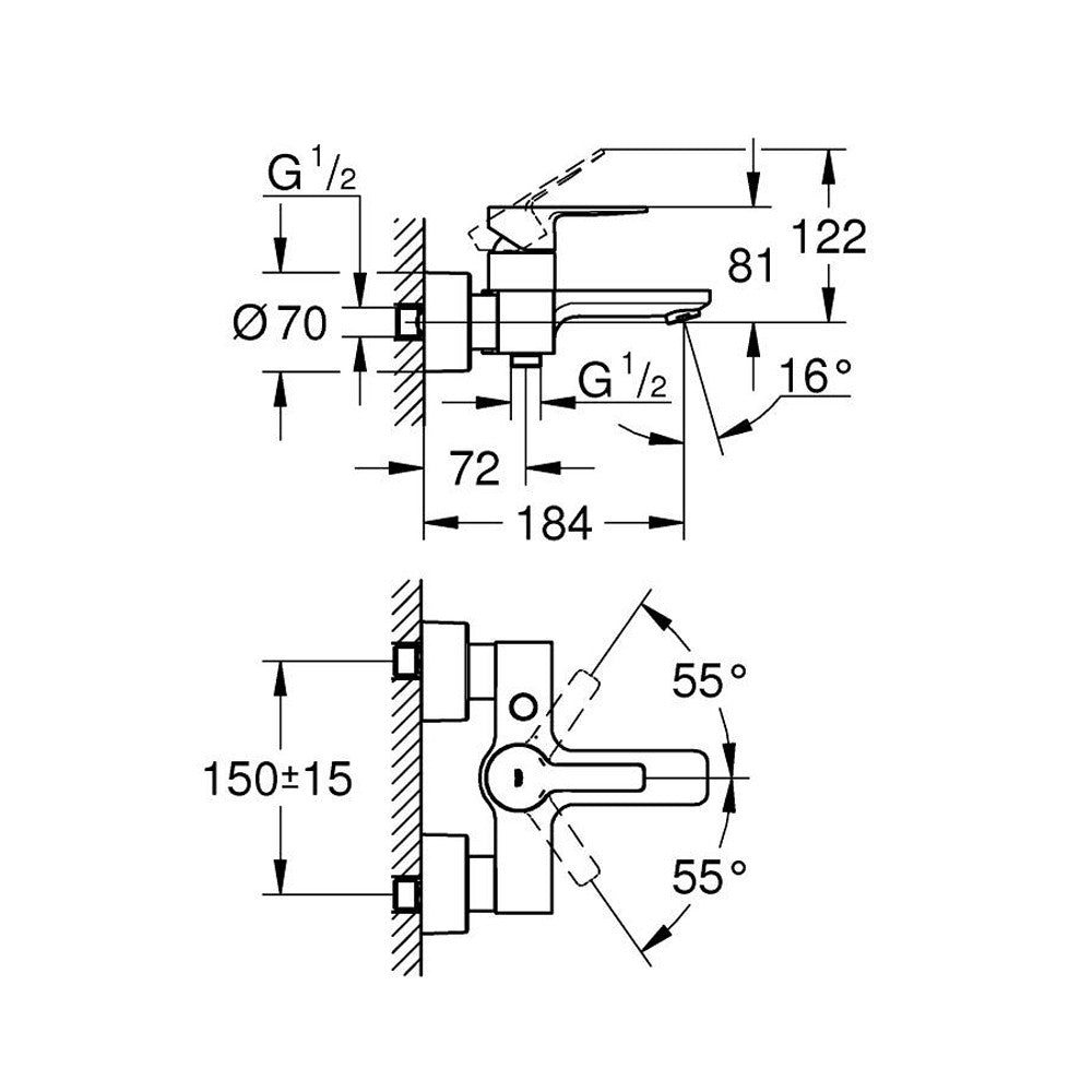 Grohe Lineare baterija za kadu 33849001 – tehnički crtež