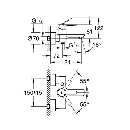 Grohe Lineare baterija za kadu 33849001 – tehnički crtež