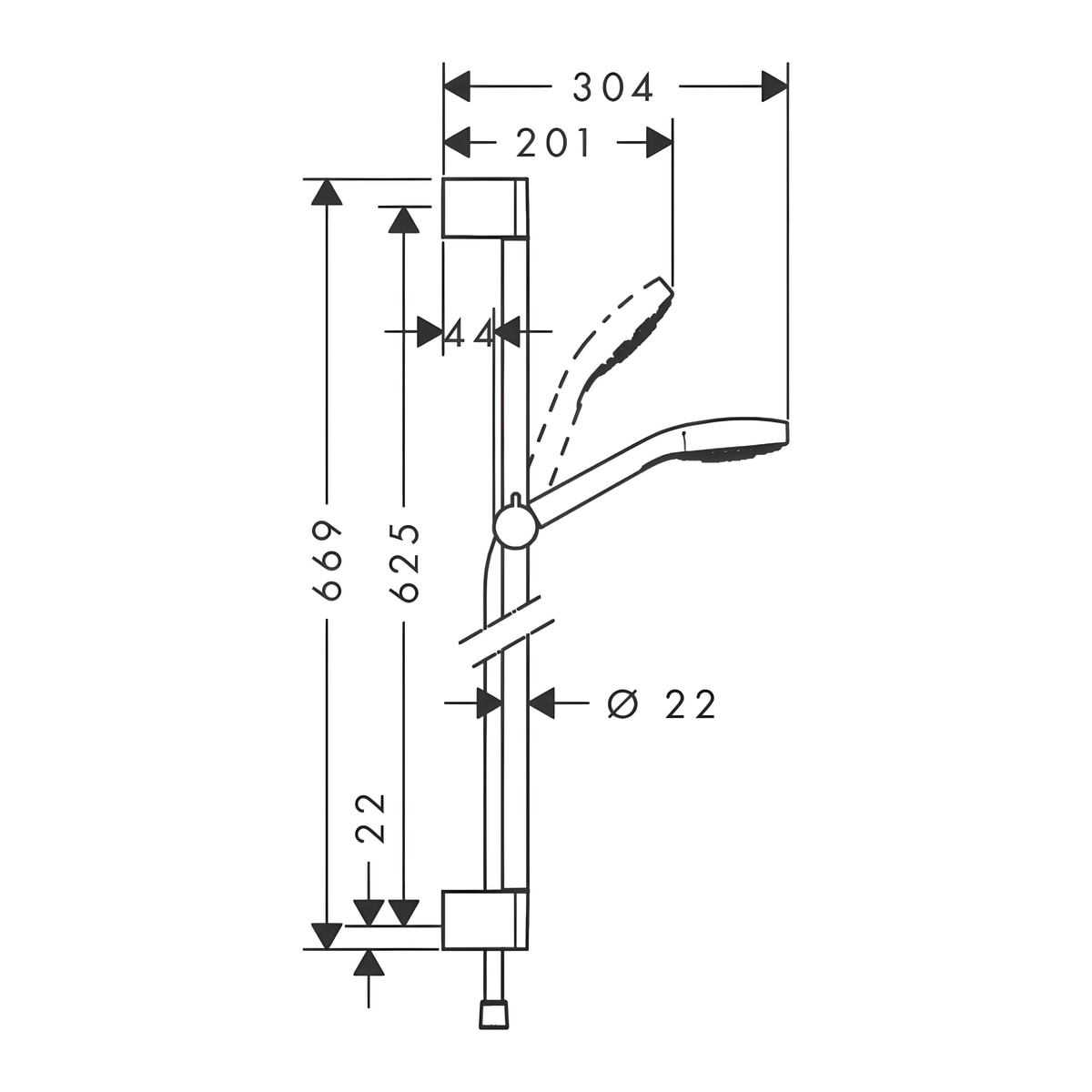 Hansgrohe Croma Select E tuš set 110 Vario sa tuš šipkom 65 cm 26582400 – tehnički crtež