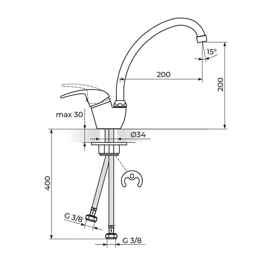 Rosan King baterija za sudoperu izliv 200mm J382101 – tehnički crtež