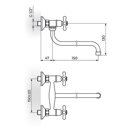 Rosan Nostalgija baterija za sudoperu – lavabo izliv 140mm – S N01114 – tehnički crtež