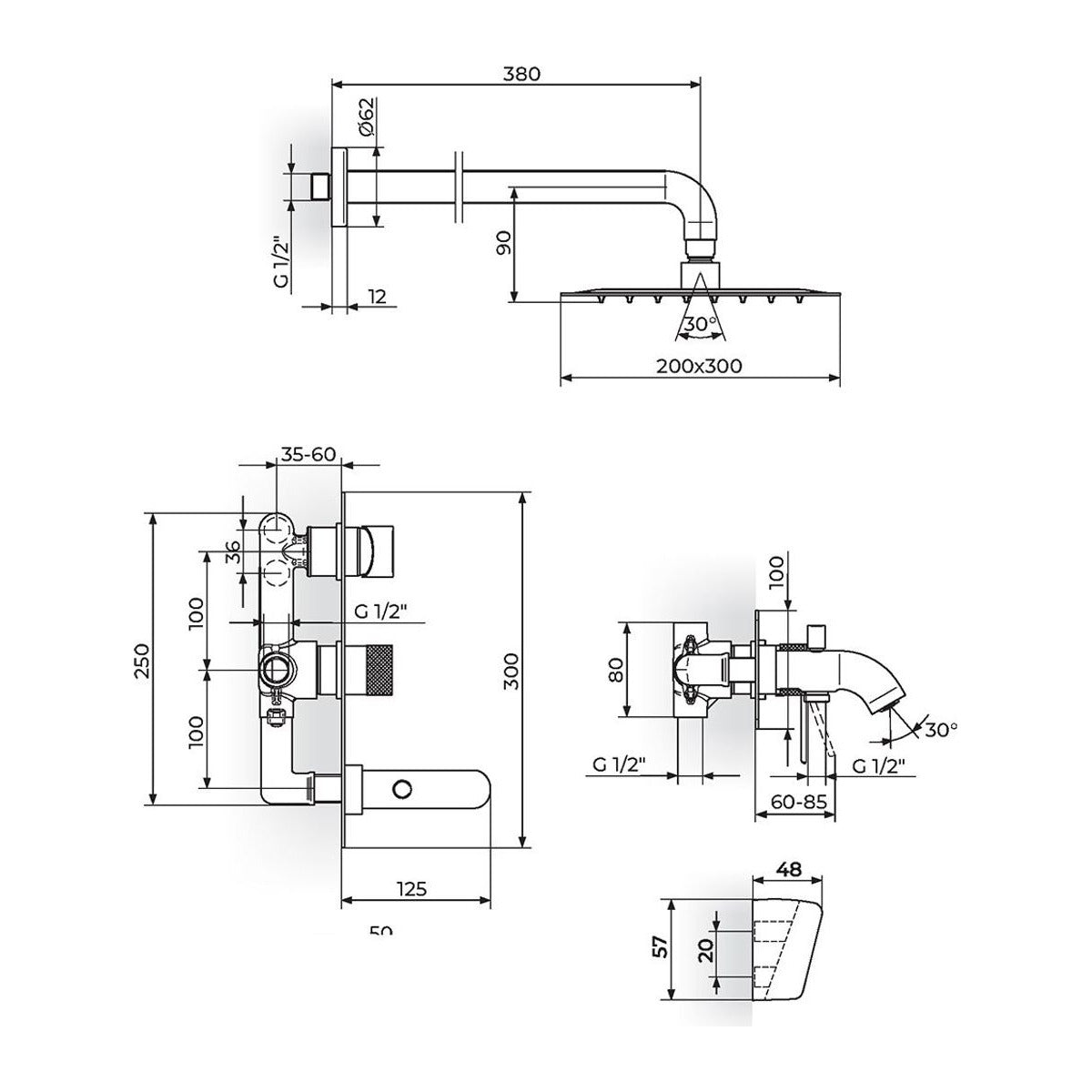Rosan S2 Black baterija za tuš kadu 231705B – tehnički crtež