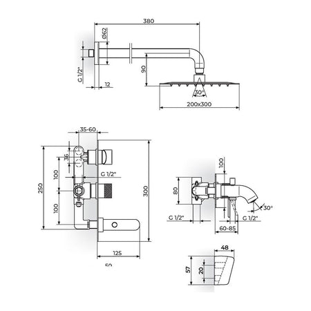 Rosan S2 Black baterija za tuš kadu 231705B – tehnički crtež