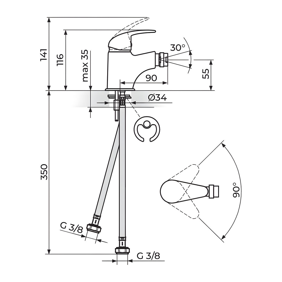 Rosan Perla baterija za bide JP391001 – tehnički crtež