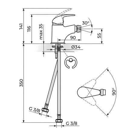 Rosan Perla baterija za bide JP391001 – tehnički crtež