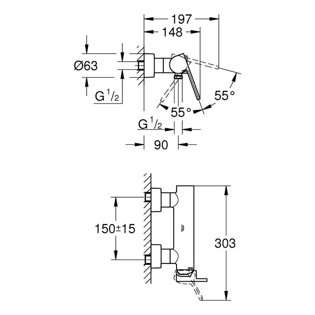 Grohe Plus za tuš kadu 33577003 – tehnički crtež