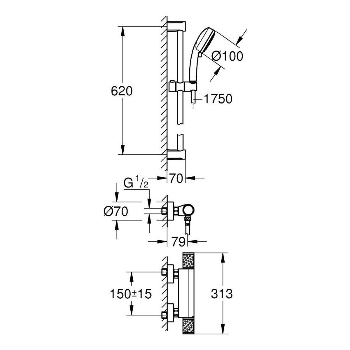 Grohe Grontherm 1000 termostatska za tuš sa kliznom šipkom, crevom i tuš ručicom 34783000 – tehnički crtež