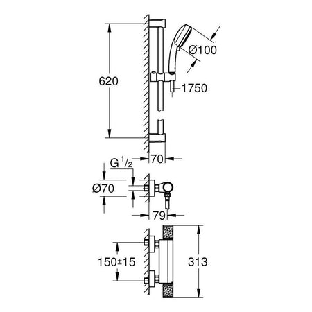 Grohe Grontherm 1000 termostatska za tuš sa kliznom šipkom, crevom i tuš ručicom 34783000 – tehnički crtež