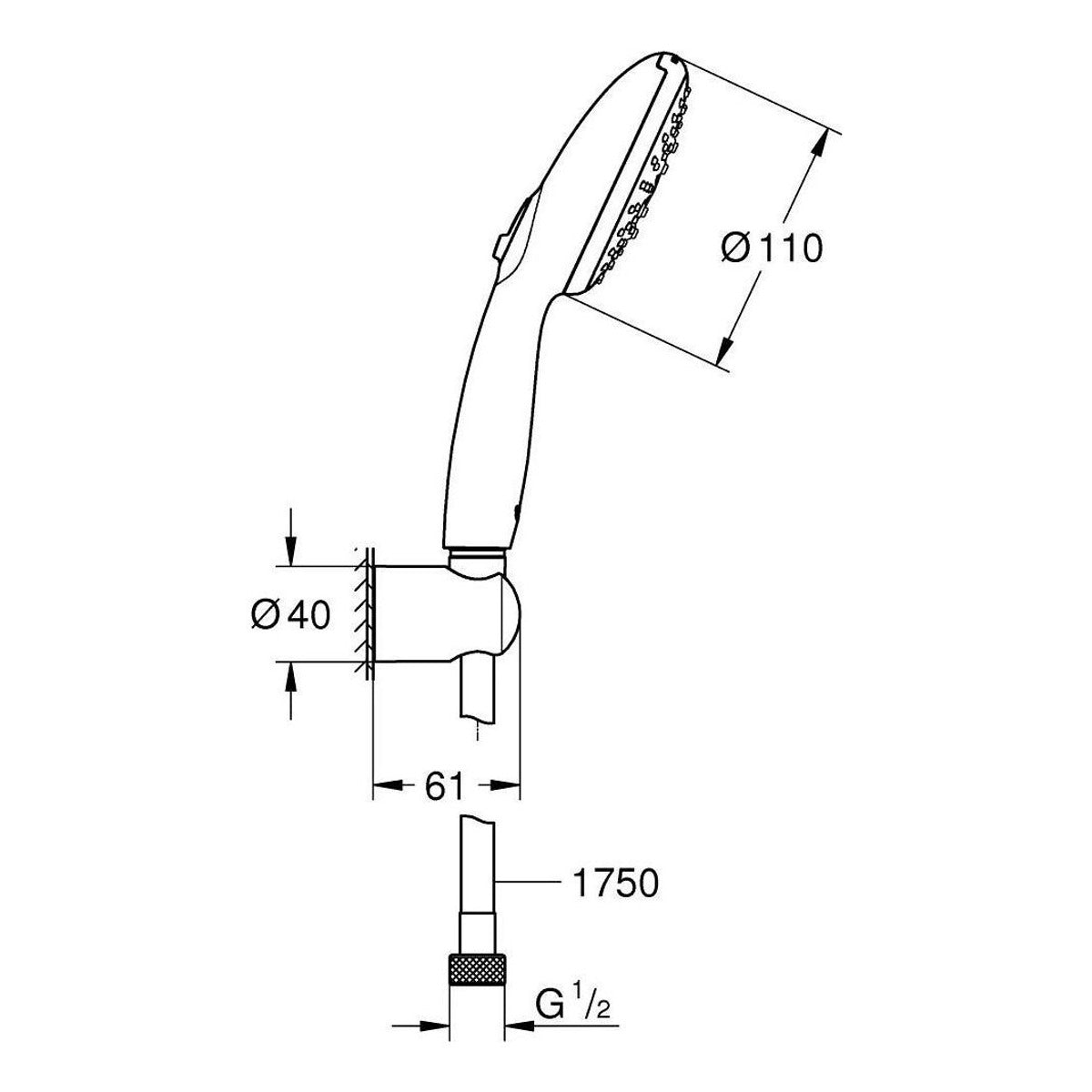 Grohe Tempesta 110 tuš ručica SET SA DRZACEM I CREVOM 1750mm 3F – tehnički crtež