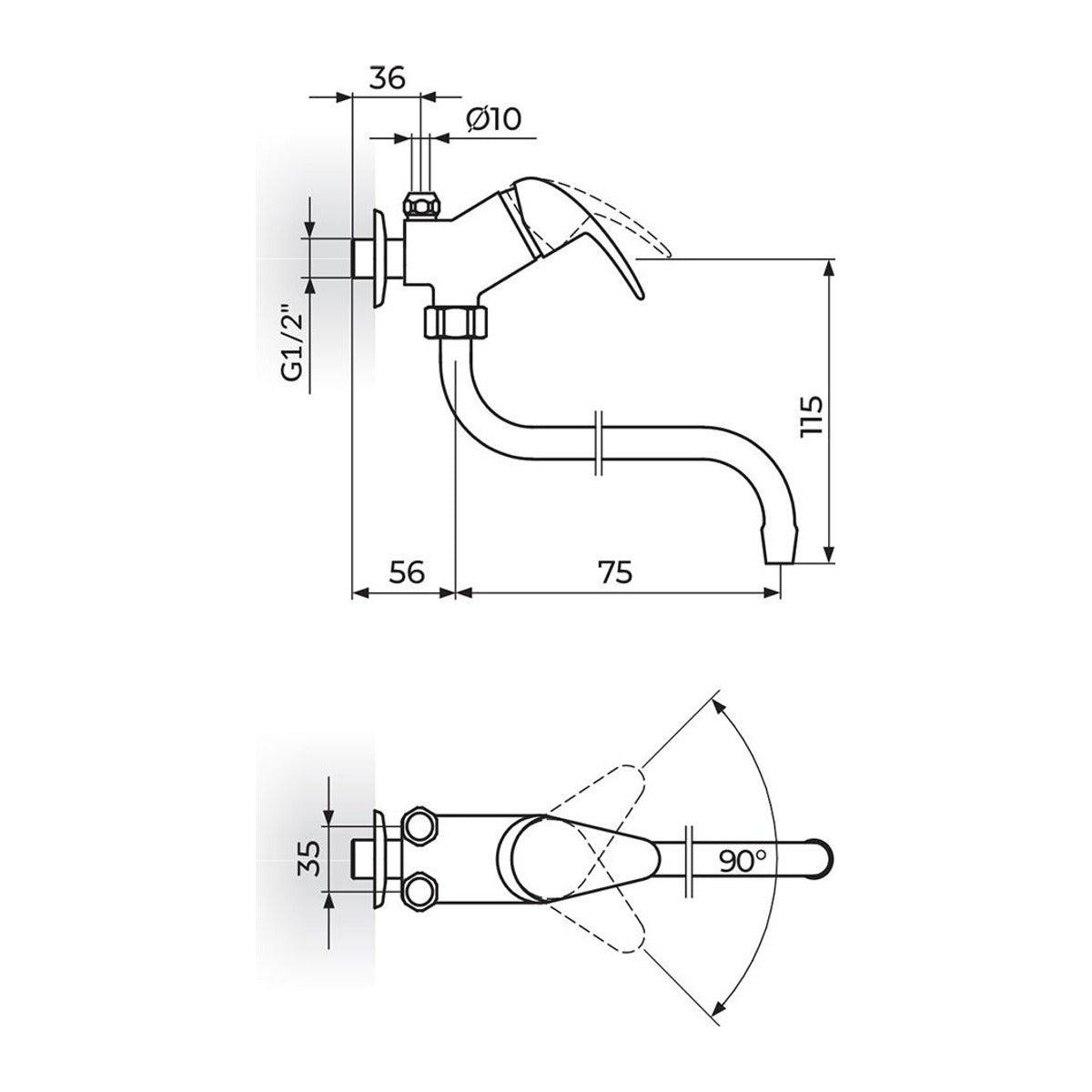Rosan Perla baterija za protočni bojler izliv 75mm JP362002 – tehnički crtež