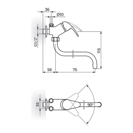Rosan Perla baterija za protočni bojler izliv 75mm JP362002 – tehnički crtež
