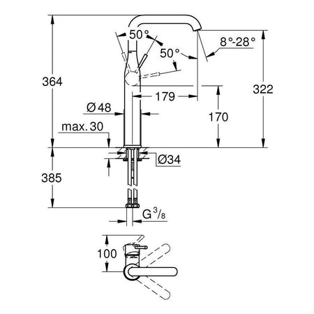 Grohe Essence baterija za umivaonik XL – Size 32901DC1 – tehnički crtež
