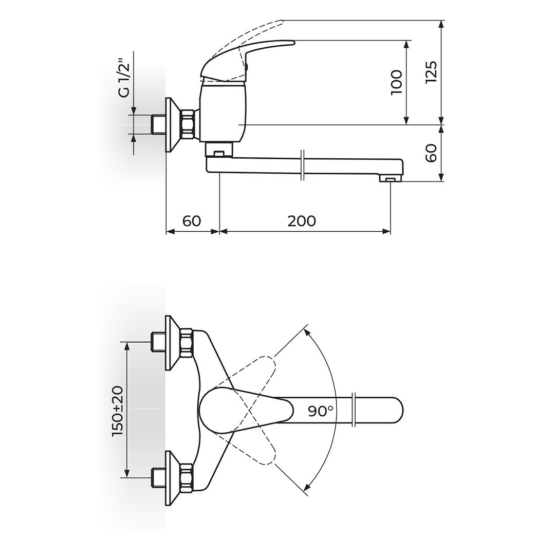 Rosan King baterija za sudoperu – lavabo izliv 200mm J321020 – tehnički crtež