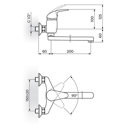 Rosan King baterija za sudoperu – lavabo izliv 200mm J321020 – tehnički crtež