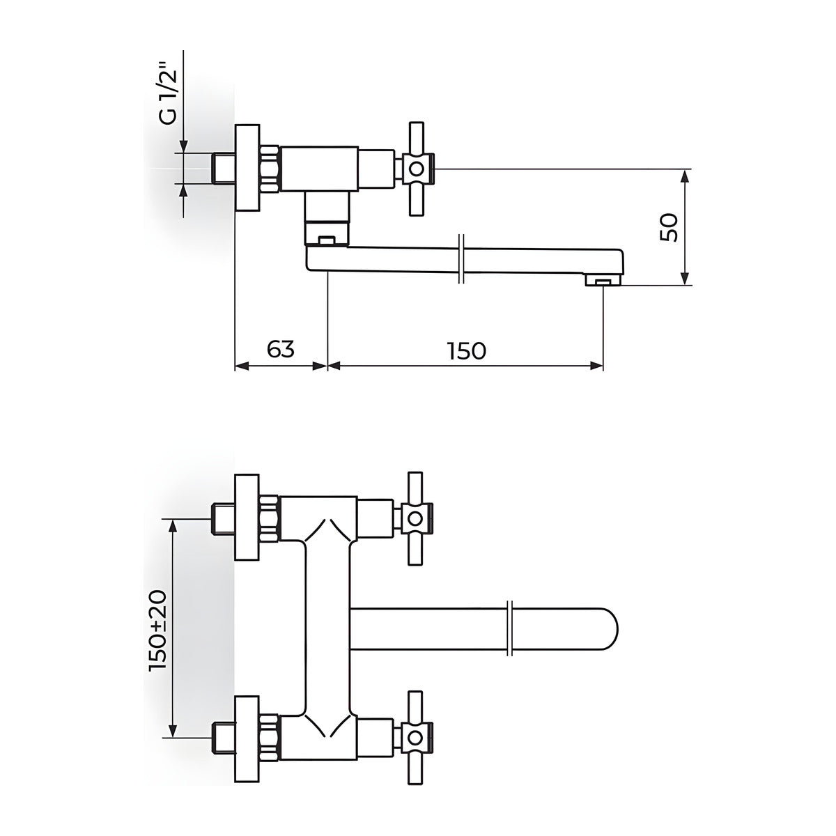 Rosan XO baterija za sudoperu – lavabo izliv 150mm XO32115 – tehnički crtež