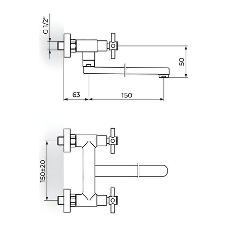 Rosan XO baterija za sudoperu – lavabo izliv 150mm XO32115 – tehnički crtež