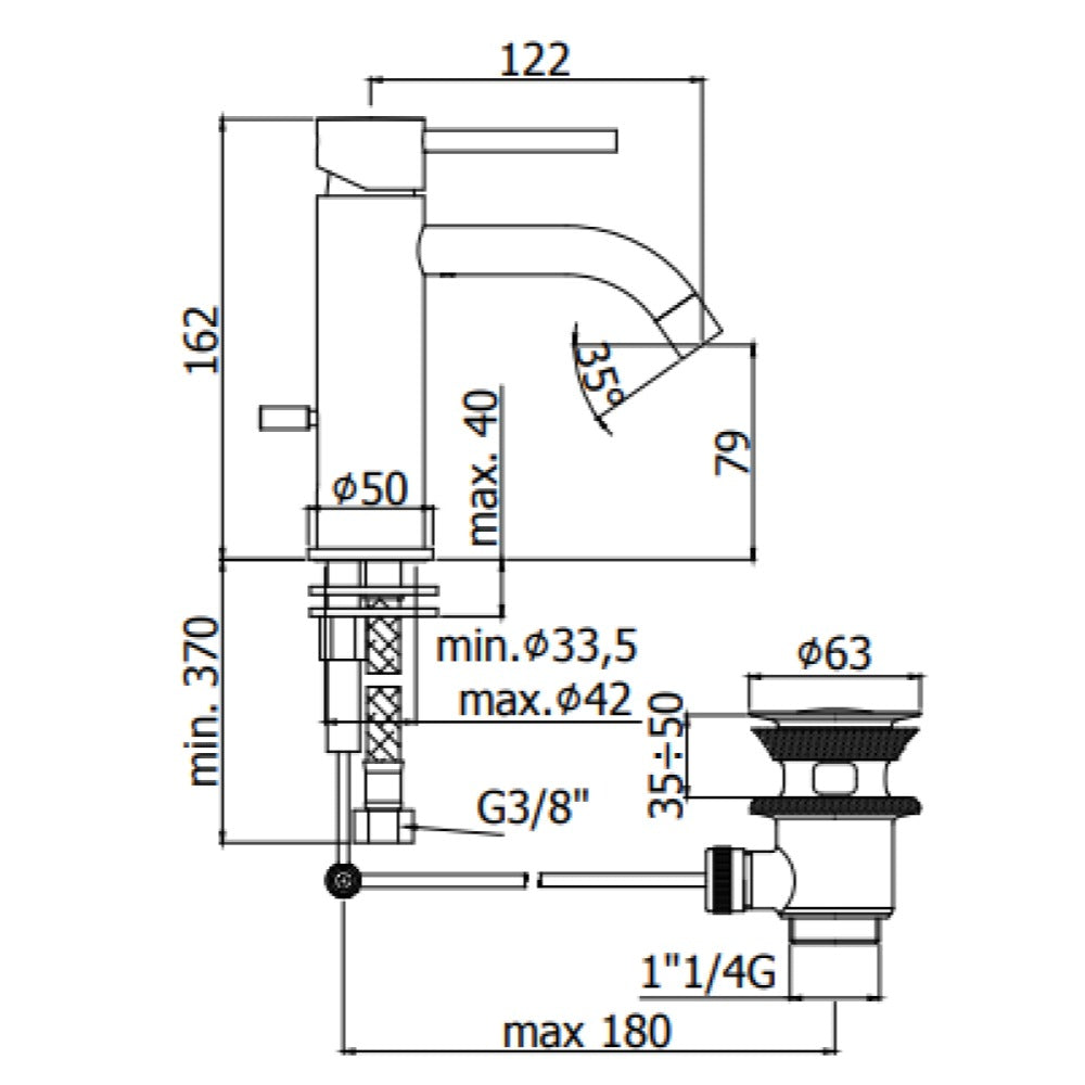 Paffoni Light baterija za lavabo Crna LIG075NO – tehnički crtež