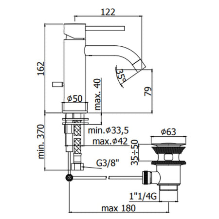 Paffoni Light baterija za lavabo Crna LIG075NO – tehnički crtež